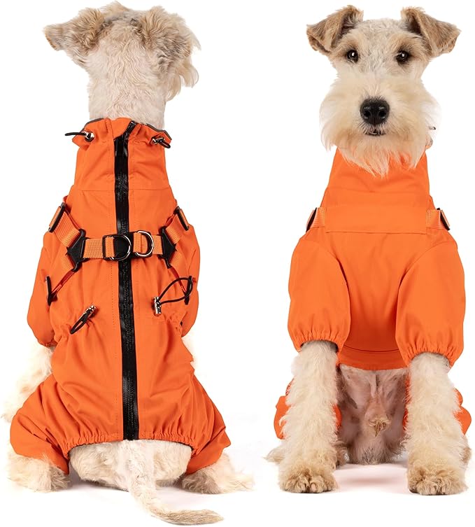 Mile High Life Waterproof Dog Raincoat, Full Coverage Small Dog Rain Coat with Harness, Adjustable 4 Legs Puppy Rain Jacket with Reflective Strip and Elastic Cuffs (Orange, XS Back Length 11.4")