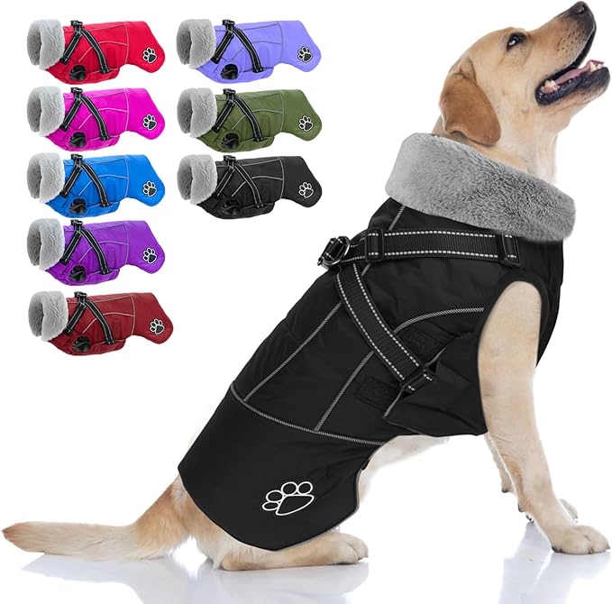 Doglay Dog Jacket Waterproof Dog Coat with Harness Built in, Christmas Puppy Winter Coat Reflective Turtleneck Puffer Snow Jackets for Small Medium Large Dogs