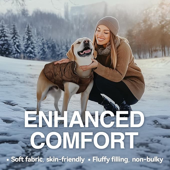 VIVAGLORY Softjoy Dog Coat, Dog Jacket for Winter & Christmas, Coat with Harness Hole & Velcro Closure, Reversible Plaid Checkered Warm Fluffy Heavy Duty for Puppy, M, Coffee
