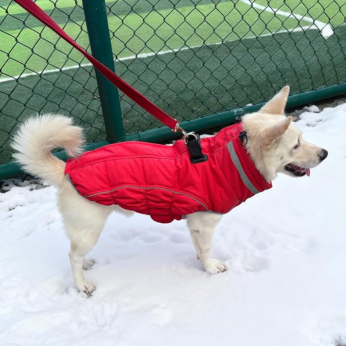 Malier Dog Coat, Reflective Dog Jacket Waterproof Windproof Puppy Cold Weather Coats with Harness Built in, Winter Extra Warm Pet Coat Fleece Vest for Small Large Pets and Puppy (Red, X-Small)