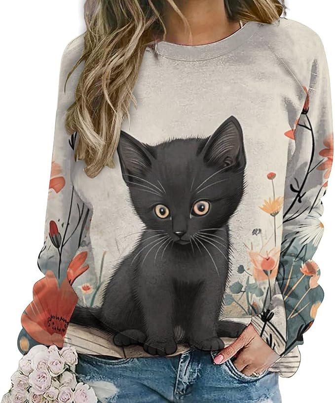 Long Sleeve Shirts for Women Cat Oil Painting Shirt 3D Graphic Sweatshirts Fall Pullover Crewneck Vintage Boho Tops