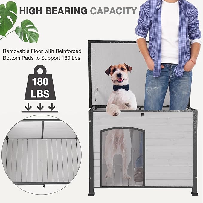 Dog House Outdoor Dog House for Small Medium Large Dogs, Natural Wood with Iron Frame, Waterproof Roof Raised Feet (43.3" L-White)