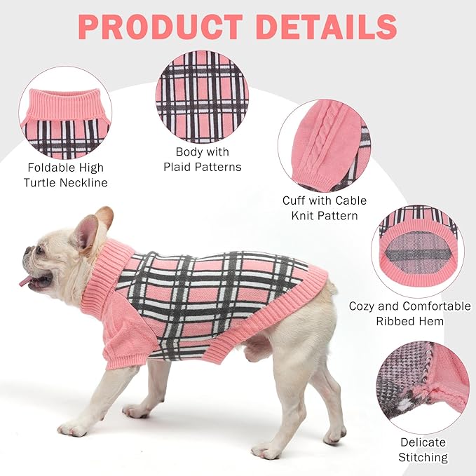 SCENEREAL Turtleneck Dog Sweater for Small Medium Large Dogs Girls Boys, Christmas Plaid Pullover Puppy Sweatershirt, Dogs Cold Weather Outfit Clothes, Ideal Gift for Pet in New Year, Pink Plaid S