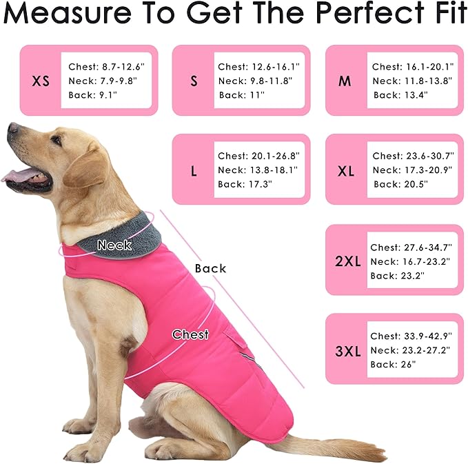 Dog Coat, Waterproof Dog Winter Jacket with Pocket, Reflective Adjustable Pet Snow Vest, Warm Cozy Fleece Sweater for Small Medium Extra Large Dogs - Pink, 3XL