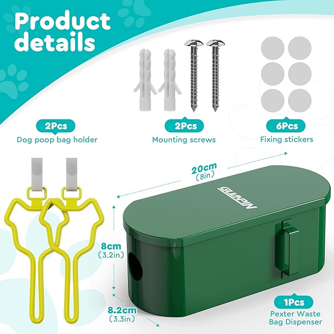 Dog Poop Bag Dispenser Wall Mount with 2Pcs Holders, Magnetic Door Closure,Metal,Corrosion-resistant,High Capacity,Suitable for Indoor, Outdoor, Parks, Beaches, Courtyards, Excluding bag rolls