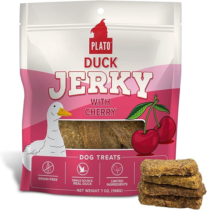 PLATO Pet Treats Jerky Dog Treats - Air-Dried Jerky for Dogs - Delicious, Real Meat Dog Treats - Grain Free - Supports Healthy Digestion - Duck Jerky with Cherry 7oz