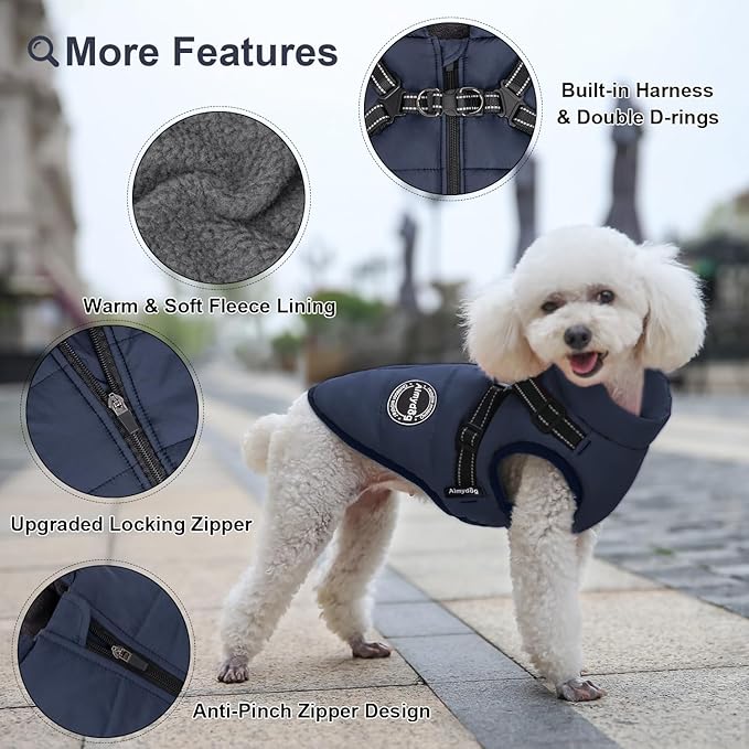 Warm Winter Coat, Fashion Sports Cold Weather Jacket With Built-in Harness, Reflective & Adjustable Comfortable Pet Vest, Waterproof Windproof Apparel for Small Dogs (Navy)