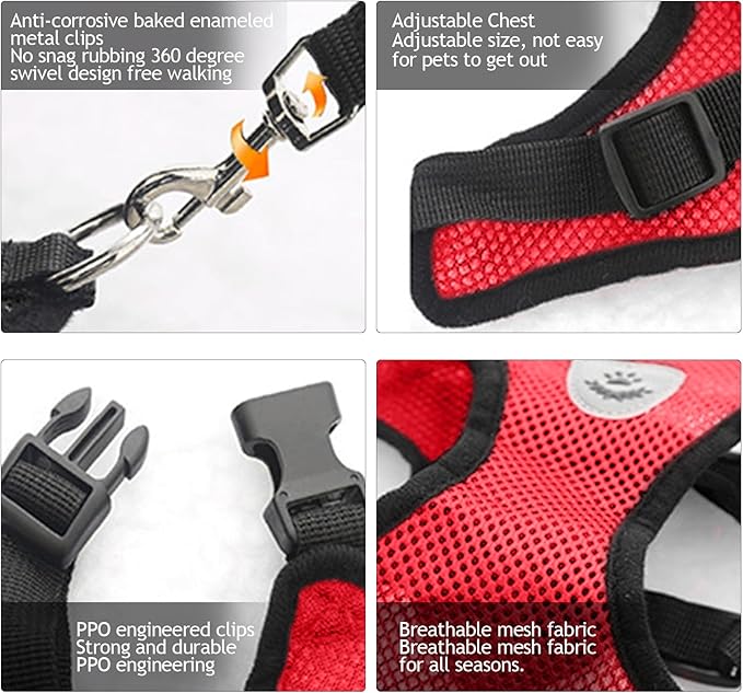 shudyear Summer cat Chest Harness and Leash, Anti-Escape Adjustable Soft mesh cat Leash and Chest Harness Set for All Types of Cats cat Vests(Size XL,Red)