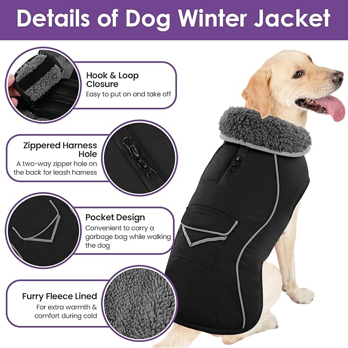 SUNFURA Dog Winter Coat, Medium Dog Coat Jacket with Fleece Lining for Cold Weather, Warm Puffer Jacket Turtleneck Snowsuit with Leash Hole for Jack Russel, Boston Terrier, Black M