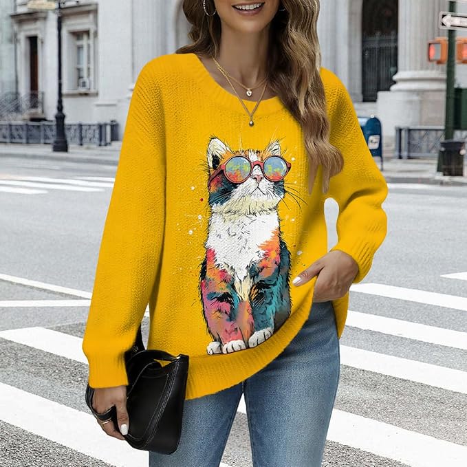 Women's Cat Printed Sweater Oversized Cable Knit Long Sleeve Christmas Clothes Casual Autumn Winter Fashion Tops