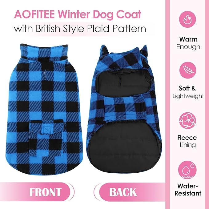 AOFITEE Dog Coat Plaid Dog Winter Coat for Small Dogs, Warm Dogs Jacket Christmas Sweater, Waterproof Pet Puffer Jacket, Reversible Pet Cold Weather Coats for Small Medium Large Pets, Blue S