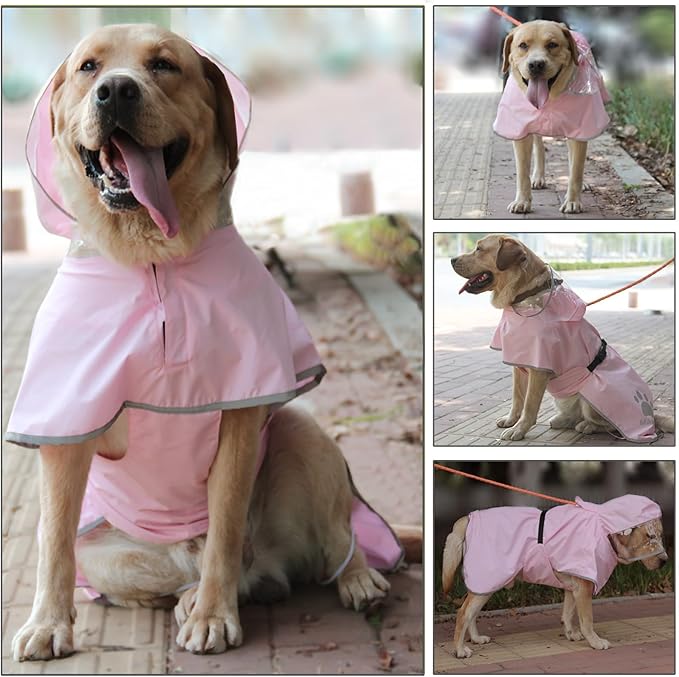 Waterproof Dog Raincoat, Reflective Adjustable Hooded Dog Rain Coat, Lightweight Breathable Pet Rain Jacket Poncho Double Layer with Leash Hole for Small Medium Large Dogs (Pink, Medium)