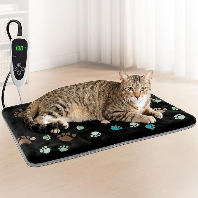 Pet Heating Pad 20x16 in with Smart Thermostat Switch and Power Line Protection Tube,Obtained MET and UL Dual Certification,Waterproof Pet Heating Pad for Dogs with Plush Fabric Cover-Black
