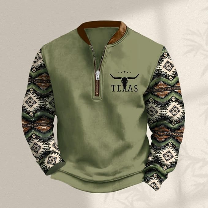HOTYD Aztec Cowboy Jacket Men Vintage Bullhorn Printed Oversized Western Sweatshirt Long Sleeve Quarter Zip Pullover