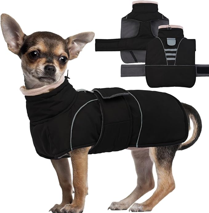 Dog Winter Coat for Small to Large Dogs(XS-XXXL)– Waterproof Windproof Fleece Lined Jacket with Reflective Trim,Pet Vest with Adjustable Buckles, Machine Washable Black XS