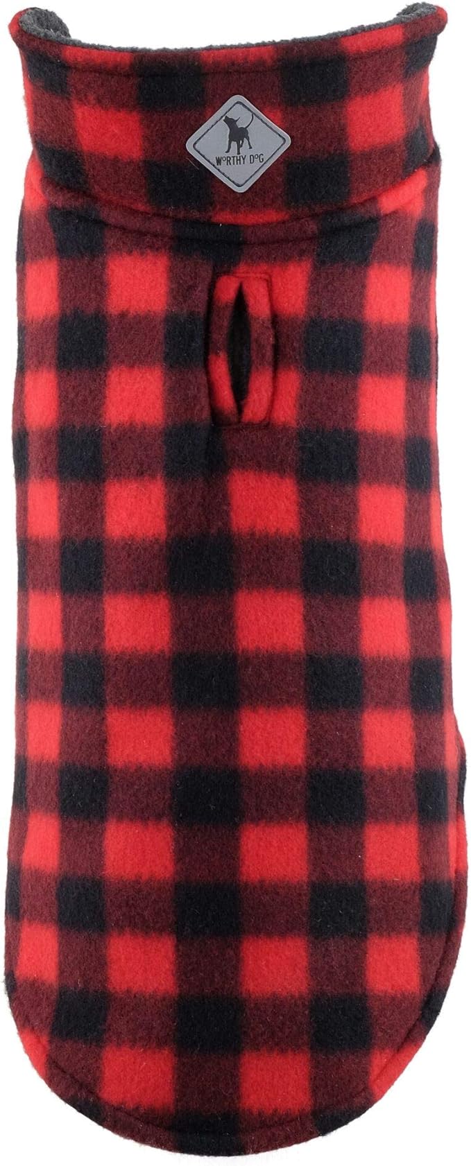 The Worthy Dog Fargo Fleece Buffalo Dog Jacket, Adjustable Reversible with Harness Hole, Wind-Resistant, Winter Outdoor Clothes for Pets, Red - 30''