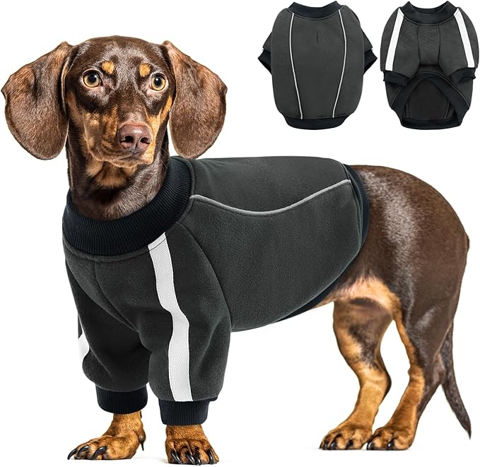 Queenmore Fleece Dog Sweater for Male Dogs, Soft Pullover Dog Sweatshirt with Leash Hole/Reflective Stripes – Cozy Winter Fleece Jacket for Small Medium Large Boy Puppy, Grey S