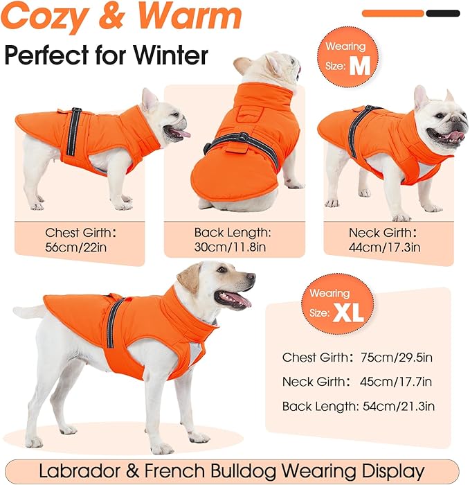 Medium Dog Coat, Warm Dog Winter Jacket, Waterproof Dogs Snowsuit With Foldable High Collar, Reflective Strips, Leash Hole, And Adjustable Hook & Loop Closure - Ideal For Cold Weather- Orange M