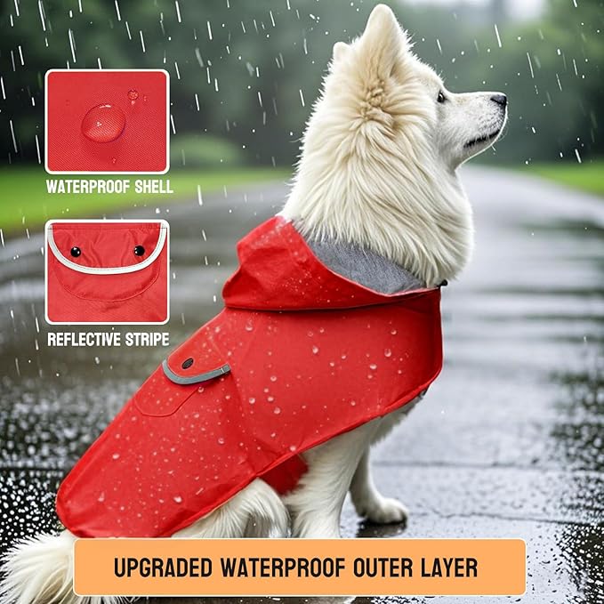 Dog Raincoat Dogs Rain Jacket Reflective Poncho Rainwear Waterproof Pet Clothes Warm Lined Pocket Hooded Leash Hole Adjustable Small Medium Dogs,Red,L,Back Length 12.0 Inch