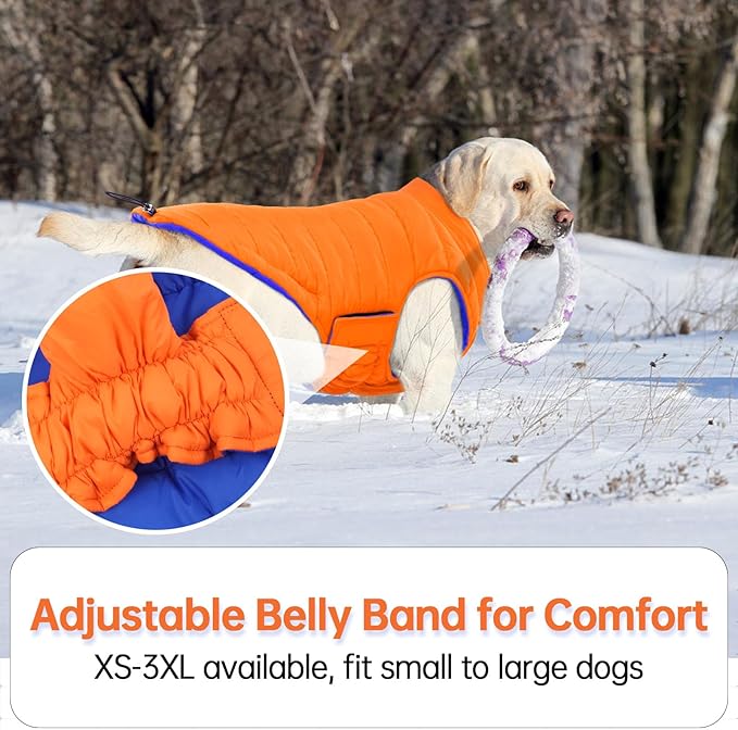 Lelepet Reversible Dog Coat Waterproof Dog Jacket Windproof Puffer Vest for Winter Warm Lightweight Coats for Small Dogs Adjustbale Hook & Loop Pet Apparel with Leash Hole, Pug, Orange, M