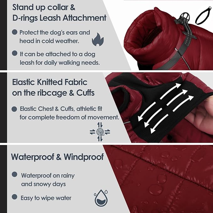 AOFITEE Dog Coat, Waterproof Dog Jacket for Winter, Warm Fullbody Dogs Snowsuit, Winter Coat for Small Dogs, Zip Up Pet Puffer Jacket Fleece Vest, Outdoor Reflective Pet Coats, Christmas Red, S