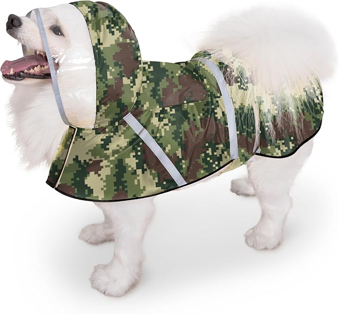 Dog Raincoat, Adjustable Rain Jacket with Hooded Double Layer for Large Medium Small Dogs Puppies, Lightweight Waterproof Rain Coat Poncho with Reflective Stripe Mosaic Camouflage Green,L