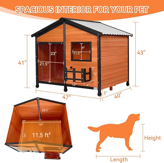 Petsfit Large Dog House Outdoor, Wooden Shelter for Extra Large Breeds Up to 200lbs, Weatherproof Roof, Removable Bottom Panel & Elevated Floor, 47-Inch, Natural Brown
