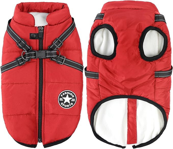 Aiboria Dog Jacket Coat Windproof Warm Pet Fleece Vest Dogs Sweater Padded Vest with Chest Strap Harness Red 4XL