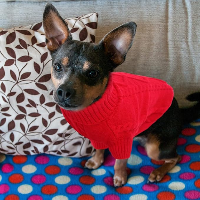 Queenmore Small Dog Pullover Sweater, Cold Weather Cable Knitwear, Classic Turtleneck Thick Warm Clothes for Chihuahua, Bulldog, Dachshund, Pug (Red, Medium)