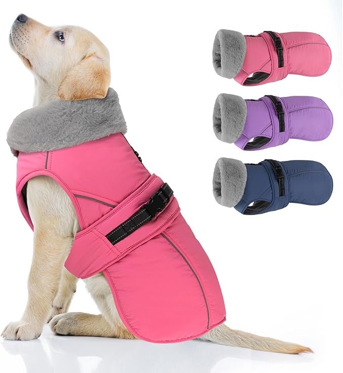 PETDSH Dog Coat Large, Windproof Dog Jacket with Warm Fleece Lining, Thickened Collar Dogs Winter Coat, Adjustable Reflective Pet Coats for Cold Weather (Pink, Large)