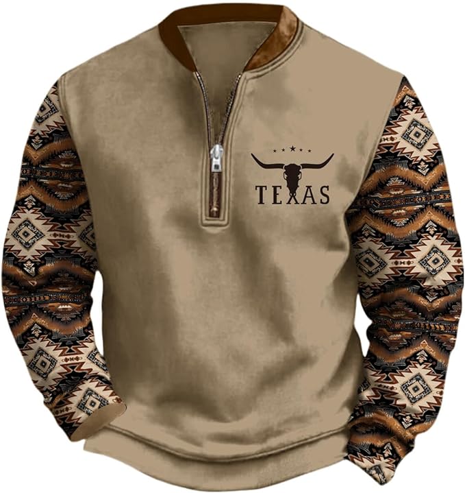 HOTYD Aztec Cowboy Jacket Men Vintage Bullhorn Printed Oversized Western Sweatshirt Long Sleeve Quarter Zip Pullover