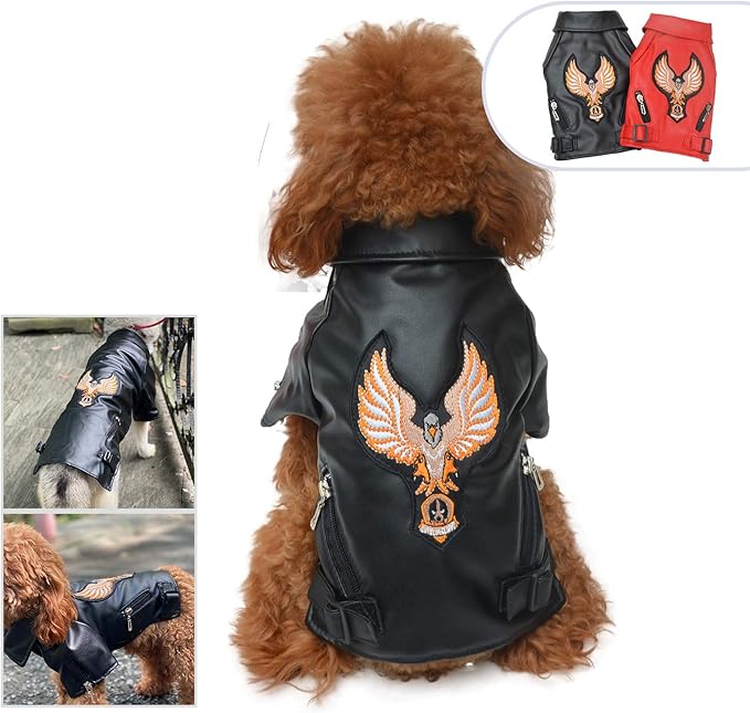 Lovelonglong Cool Dog Leather Jacket, Warm Coats Dogs Windproof Cold Weather Coats for Large Medium Small Dogs with Eagle Embroidery Black L-M