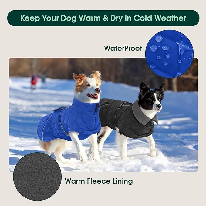 Kuoser Dog Coat, Super-Warm Dog Jacket Windproof Dogs Cold Weather Coats for Extra Large Dogs, Fleece Lining Turtleneck Puppy Snowsuit Reflective Adjustable Pet Winter Clothes Christmas, Blue 3XL