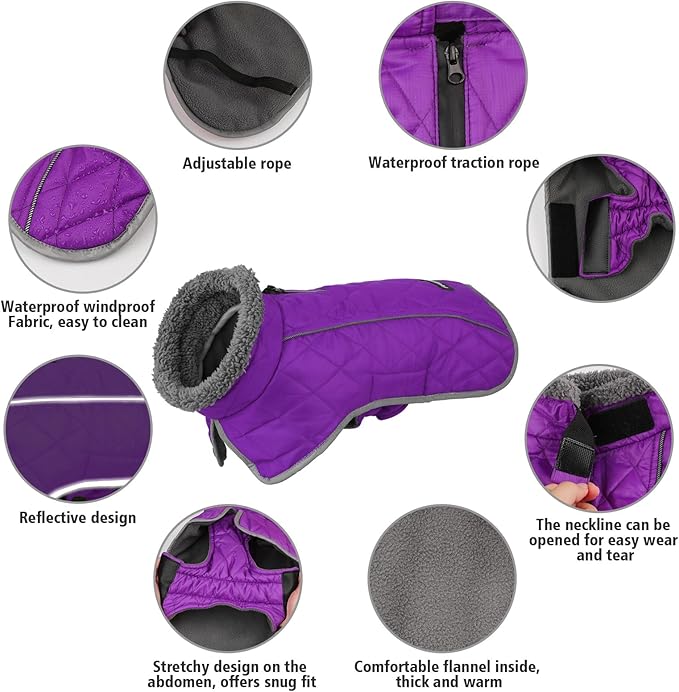 Fragralley Dog Coat Medium, Waterproof Dog Jacket with Warm Fleece Lining, Adjustable Reflective Dogs Winter Coat, Turtleneck Pet Coats for Cold Weather (Purple M)