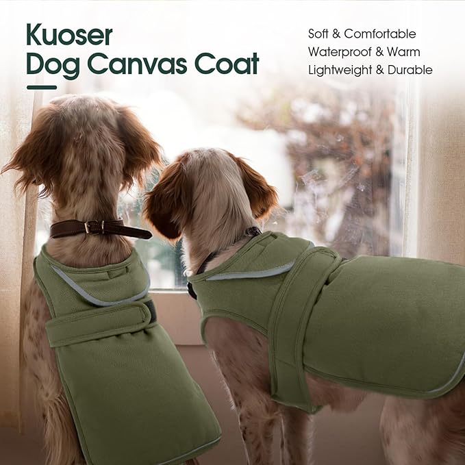 Kuoser Army Green Dog Winter Coat, X-Large, Water-Resistant, Fleece, Hooded Neck, Elastic, Hook, Zipper, Cotton, Comfortable, Leash Hole, Reflective, for Medium Breeds