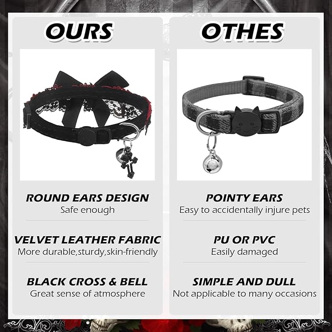 EXPAWLORER Cat Collar Breakaway,Adjustable Soft Velvet Cat Collar with Cross Accessory and Bell,Safety Quick Release Gothic Style Pet Collar for Cat,Kitten,Small Dog