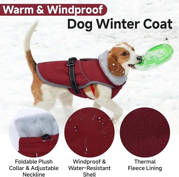 Lelepet Warm Dog Winter Coat Reflective Dog Jacket Fleece Vest Waterproof Windproof Cold Weather Coats with Adjustable Buckle Plush Turtleneck Pet Snowsuit for Small Medium Large Dogs,Pug,Beagle,L