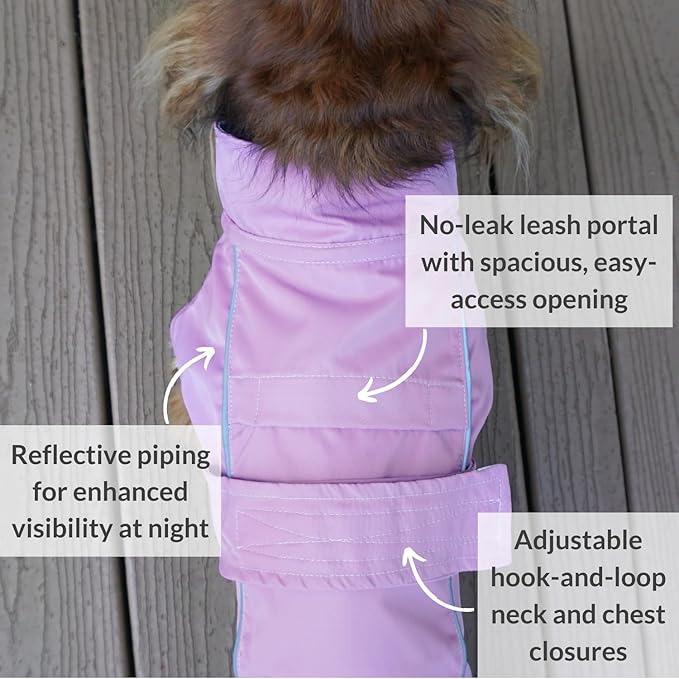 DJANGO Dog Jacket & Raincoat – Lightweight Water-Resistant Coat for Small, Medium, Long Dogs, Dachshunds – Reflective, Adjustable Fit, Harness-Compatible, Easy-Access Harness Hole - Lilac Purple Large