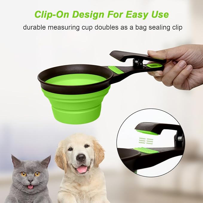 Collapsible Silicone Dog Food Scoop Foldable Pet Food Measuring Cup with Bag Clip 3 in 1 Multi-Function Silicone Dog Food Scooper (Green, Large)
