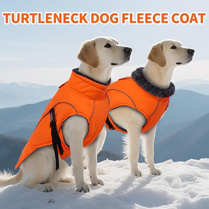 DENTRUN Extra Large Warm Dog Jacket - Windproof Water Repellent Reflective Coat, Adjustable Plush Turtleneck, Easy Wear Fleece Lined Cold Weather Vest for Great Dane, Orange, XXXL