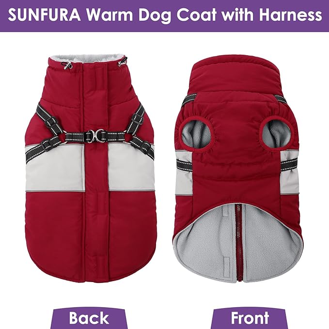 SUNFURA Dog Jacket, Large Dog Coat with Harness Built in, Warm Pet Winter Jacket Zippered Snow Coat with Furry Collar, Waterproof Fleece Snowsuit for French Bulldog, Burgundy L