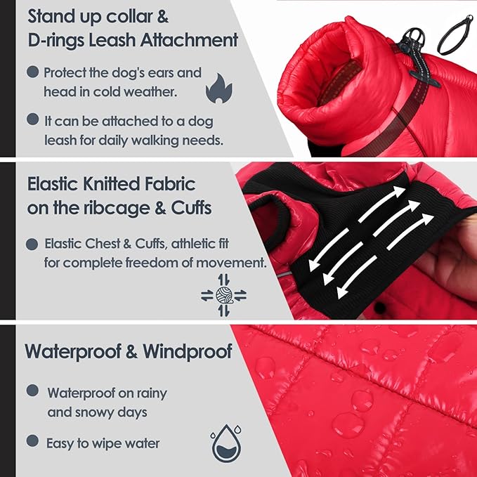 AOFITEE Dog Coat, Waterproof Dog Winter Jacket, Warm Fullbody Dogs Snowsuit, Winter Coat for Small Dogs, Zip Up Pet Puffer Jacket Fleece Vest, Outdoor Reflective Cold Weather Pet Coats, Christmas Red
