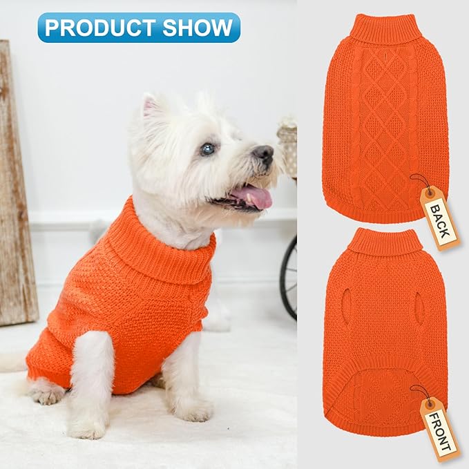 Mihachi Turtleneck Dog Sweater - Winter Coat Apparel Classic Cable Knit Clothes with Leash Hole for Cold Weather, Ideal Gift for Pet in New Year Orange Small
