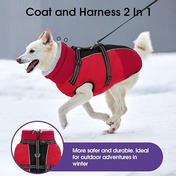 SUNFURA Dog Coat, Dog Jacket for Large Dogs with Harness Built in, Warm Pet Winter Coat Zip Up Snow Jacket with Furry Collar for Boston Terrier, French Bulldogs, Red L