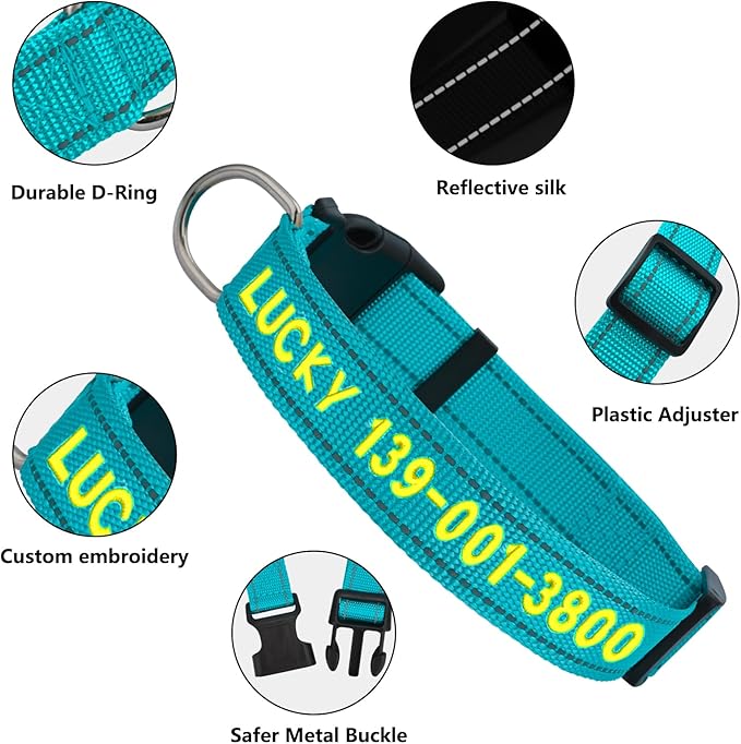Personalized Embroidered Dog Collar - Custom Hand-Stitched Name & Number, Reflective Adjustable Pet Collar for Small/Medium/Large Dogs & Cats, Durable Nylon with Steel D-Ring (Purple, Large)