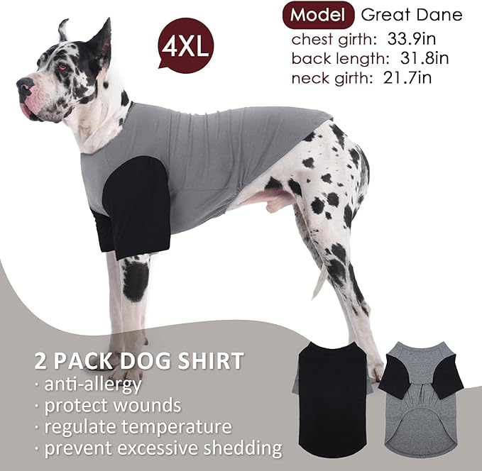IKUPUKO 2 Pack Dog T-Shirts for Extra Large Dogs Soft Breathable Cotton Shirt Shedding Control Clothes for Great Dane, Summer Hot Weather Walking, Seaside, Park Play, XXXXXL