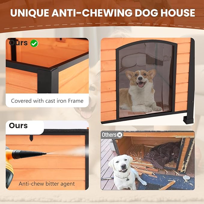 Outdoor Dog House, Small Wooden Dog House with Anti Bite Iron Frame Weatherproof Finish Outside Paw Print Dog Crate for Small and Medium Dogs,Orange