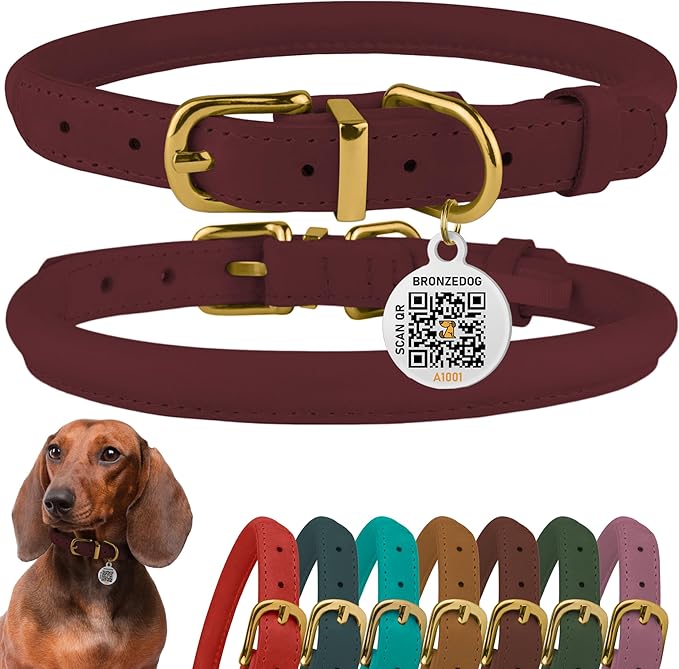 BronzeDog Rolled Leather Dog Collar with QR ID Tag, Adjustable Soft Round Collars for Small Medium Large Dogs Puppy (7" - 10" Neck Size, Burgundy)