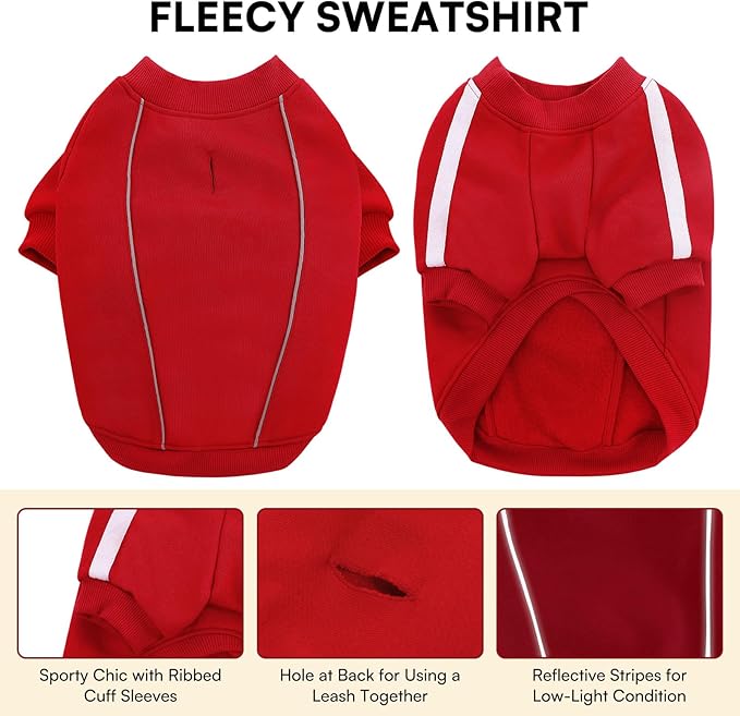 Queenmore XS Christmas Dog Sweater, Cozy Fleece Dog Sweatshirt, Warm Winter Fleece Jacket for Small, Medium & Large Dogs with Leash Hole/Reflective Stripes Red