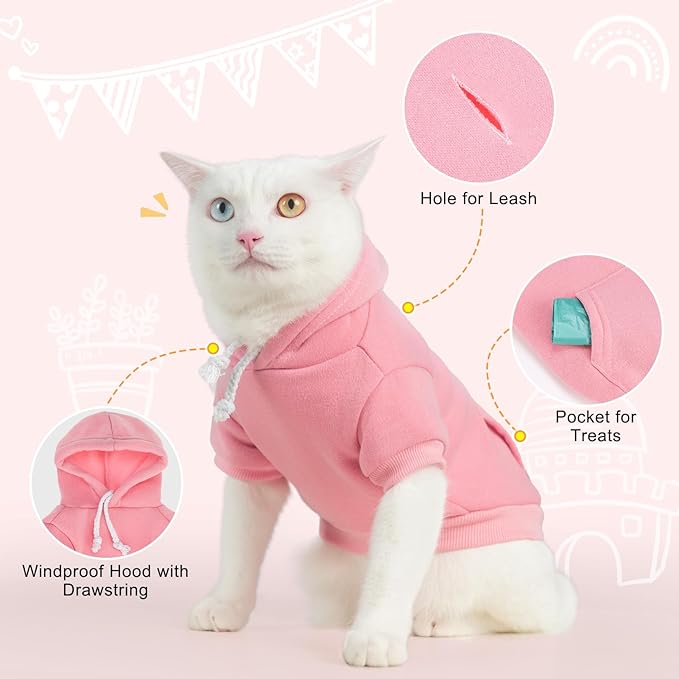 BEAUTYZOO Dog Hoodie & Cat Sweater for Small Dogs Puppy Girls Boys, Fleece Lined Warm Winter Fall Dog Clothes with Leash Hole and Pocket, Ultra-Soft Pet Jacket Coats Kitten Clothing, Pink M